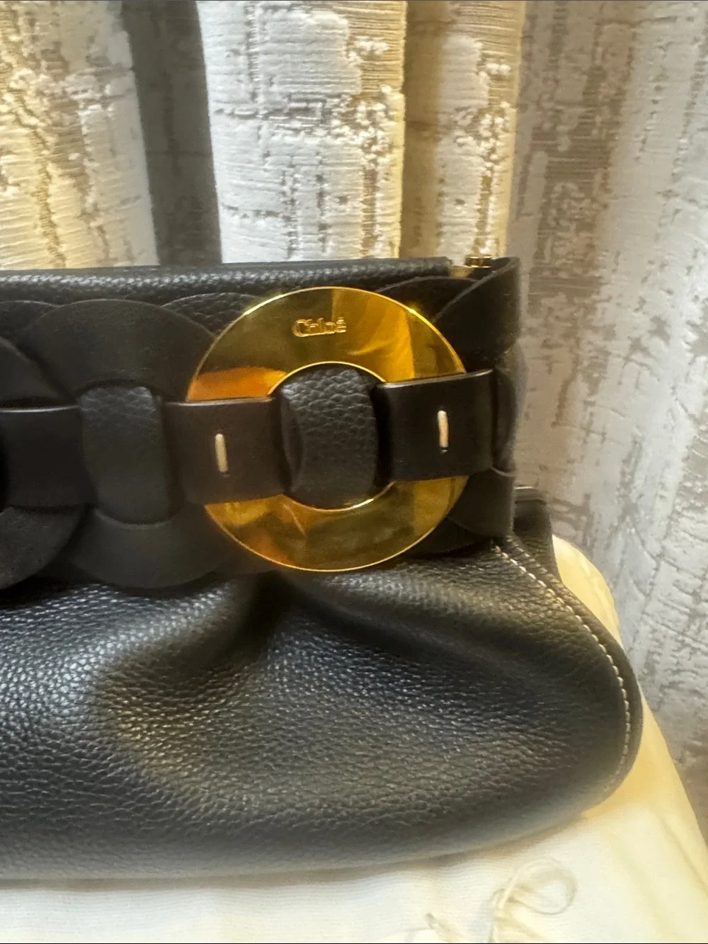 Chloé Black Pebbled Leather Clutch with Gold Disc Accent BRAND NEW with tags